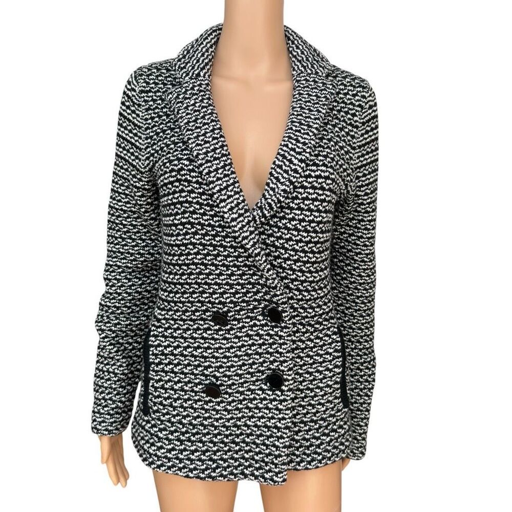 Reiss Black White Marled Knit Double Breasted Blazer Jacket Size S Wool Blend